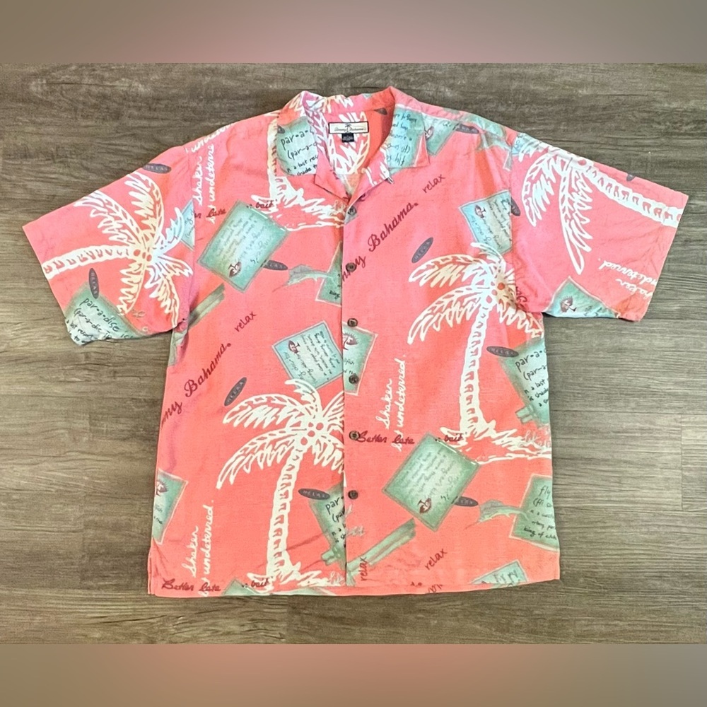 Tommy Bahama Men's L‎ Pink Palm Tree 100% Silk Short Sleeve Hawaiian Shirt E24